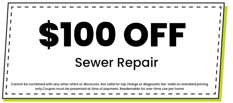 0 off coupon for sewer repair service, highlighting discount terms and conditions, promoting Jersey Trenchless LLC plumbing services.