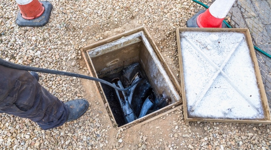 Worker inspecting a trenchless pipe repair access point with a camera, highlighting modern plumbing solutions for epoxy pipe lining.